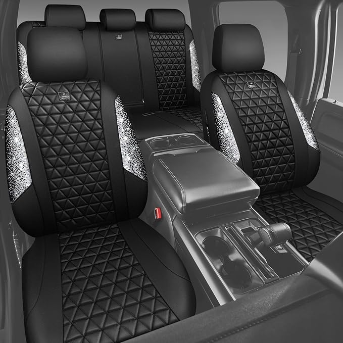 CAR PASS Bling Diamond Leather Car Seat Covers Full Seats Interior Sets, Waterproof Shining Glitter Sparkly Crystal Universal Armrest Fit Automotive Truck SUV Cute Women Girl, Black Silver Rhinestone