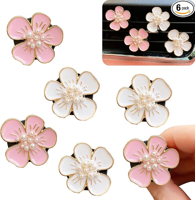 Air Fresheners Vent Clips 6 Pcs Cute Flower Car Accessories for Women Girls - Pink & White Car Interior Aesthetic Vents Decorations