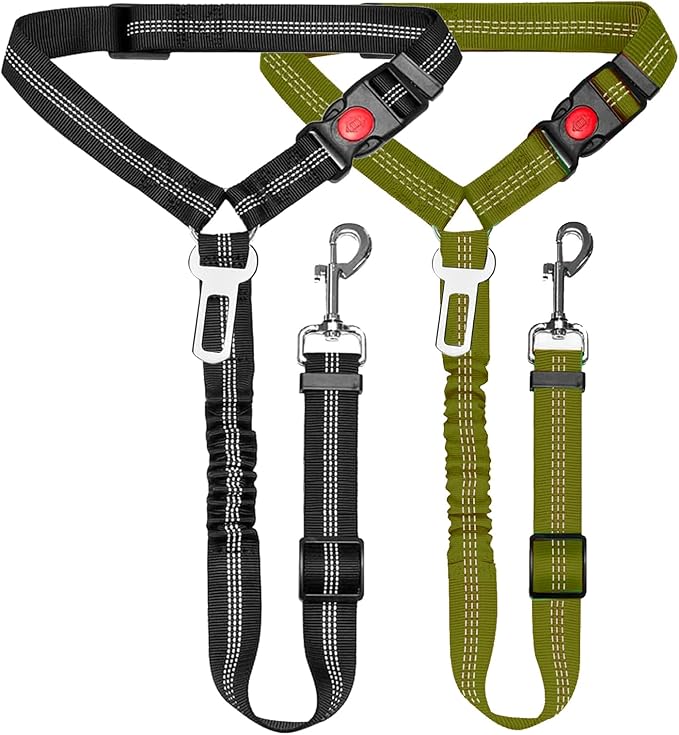 Removable Dog Seat Belt Harness for Car, 3 in 1 Pet Car Seatbelt Leash, Retractable Restraint Secures to Vehicle Headrest & Adjustable Reflective Dog Seatbelt Tether (Deep Green&Black, 2pcs)