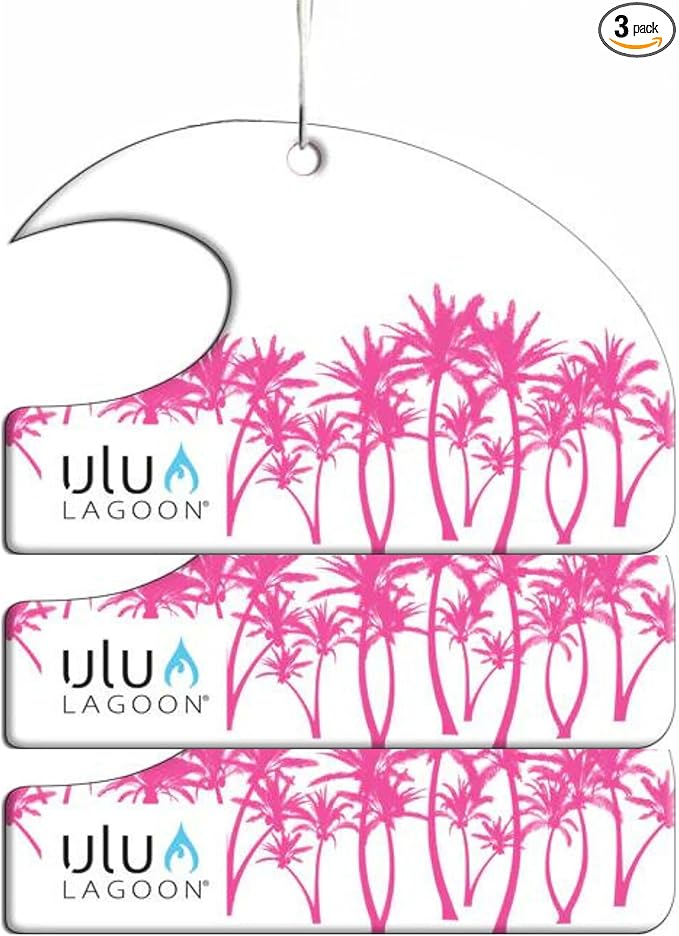ulu Lagoon Hanging Car Air Freshener | Tropical Beach Coconut Surf Wax Scent Mini Wave | Long Lasting Car Freshener, Closet and Beyond | Made In USA | 3 Pack (Pink Palms)