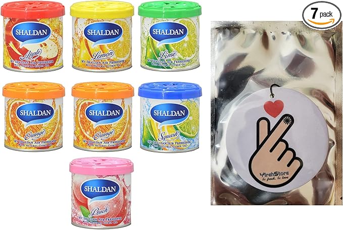 My Shaldan 7 packs Assorted Scent Car Air Freshener (Apple, Lemon, Lime, Peach, Mixed Berry, Orange, Squash Scents)