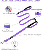 AUBELL Double Handle Tactical Dog Leash Heavy Duty for Small and Medium Large Dogs,Reflective Adjustable Nylon Leash that Pull with Car Seatbelt for Training,4.5-6FT,Purple
