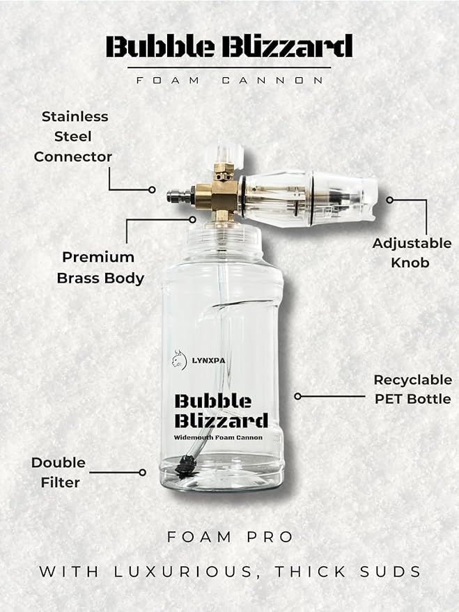 Bubble Blizzard Premium Foam Cannon for Pressure Washer, Wide Mouth, Adjustable Thick Foam Snow Foam Cannon Lance with 1/4 Inch Quick Connector for Car, Boat, and Home Wash, 4000 PSI, 34 oz