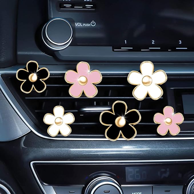 Daisy Car Decoration Flower Air Vent Clip, Colorful Car Accessories for Women Interior, Cute Set (Black, Pink, White)