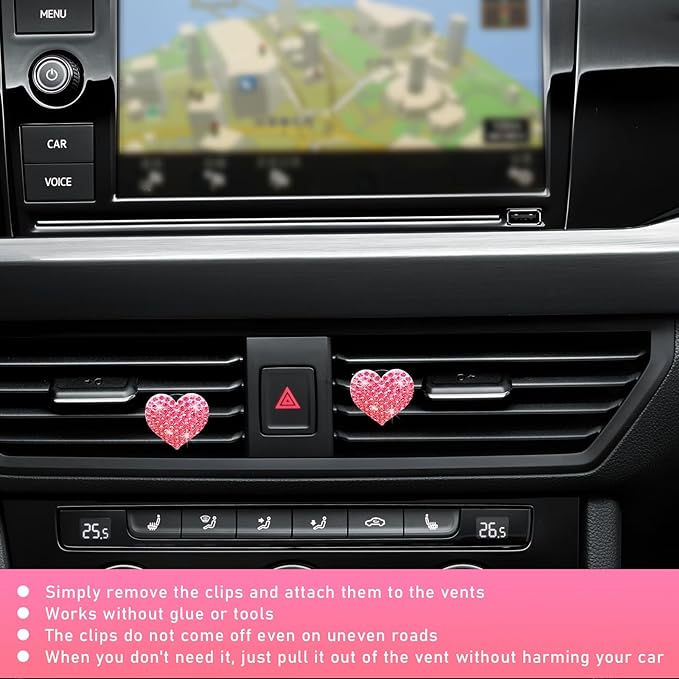 Ziciner 2PCS Bling Heart Car Air Vent Clips Charms, Heart Shaped Crystal Car Air Freshener Vent Clips, Rhinestone Air Conditioning Outlet Clip, Vehicle Decor Accessories for Women Girls (Pink)