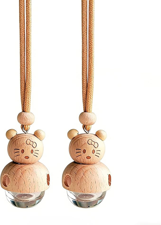 2 Pack Hanging Car Air Freshener Diffuser, Refillable Glass Bottle with Wooden Cap, Long Lasting Drift Car Air Freshener for Essential Oils - Car Fresheners, Car Accessories-A3