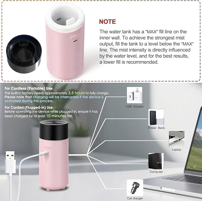 HODEMI Cordless Diffuser for Essential Oil,Portable Cool Mist Aromatherapy Car Diffuser,Built-in 3000mAH Rechargeable Battery,4/8 Timer Modes, Auto On/Off with Car,for Home,Office,Travel (Pink)