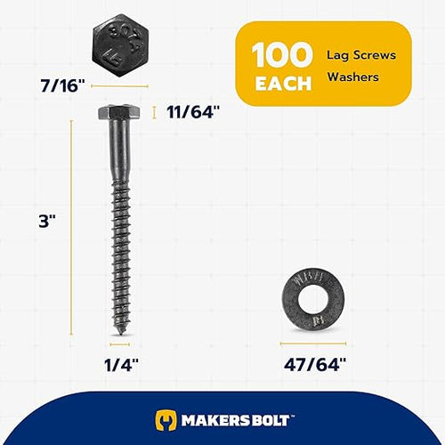 1/4 x 3 (100 Pack) Lag Screw Kit, 100 Screws and 100 Washers, Ceramic Black Ruspert Coating for Exterior Use, Meets ASTM A307 and ASME B18.2.1, Industrial/Commerical Grade by Makers Bolt