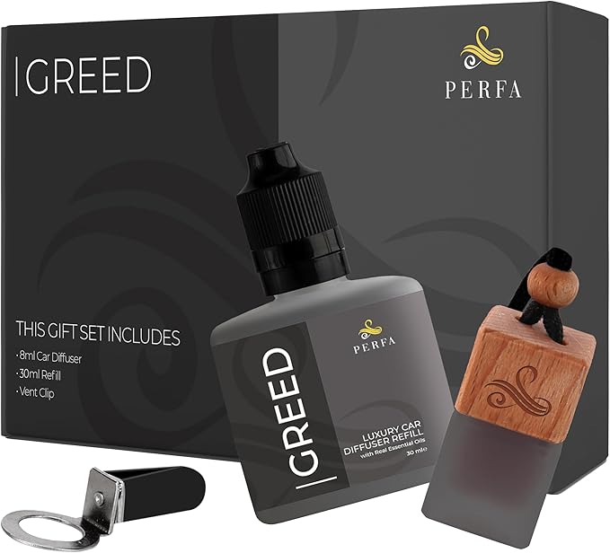 Greed Gift Set with Refill Bottle | Perfume Inspired Car Fragrances | Strong Car Freshener with Odour Eliminator Technology | Greed Automotive Freshener by Perfa