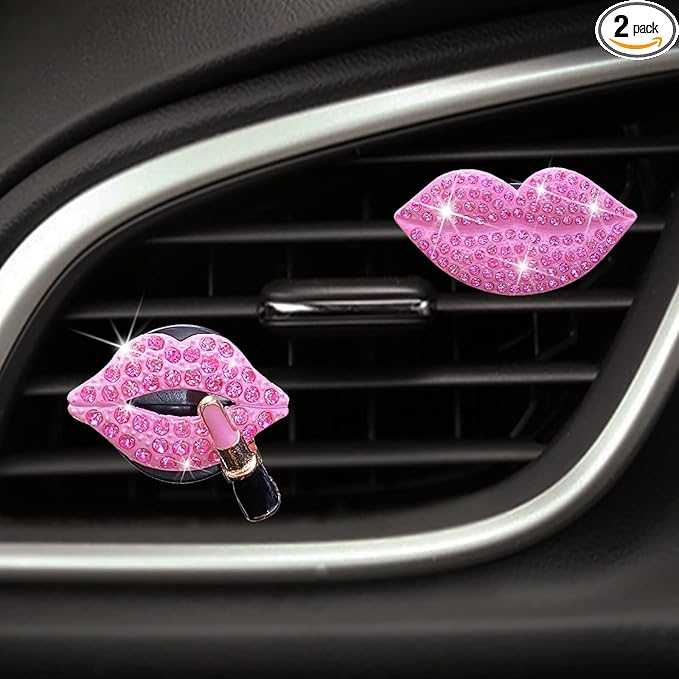 2 Pieces Bling Sexy Lip Air Vent Clips Rhinestone Lipstick Car Air Freshener Clip Crystal Car Air Outlet Decorations Charm Car Inter Decor Accessories for Girls Women