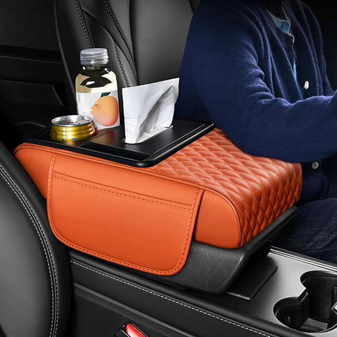 5-in-1 Car Armrest Pad Cushion, Water Ripple Embossed Center Console Booster Pad with Tissue Box, Cup Holder, Storage Bag, Phone Slot, Fit for Most Sedan Vehicles (Water Ripple Series, Orange)