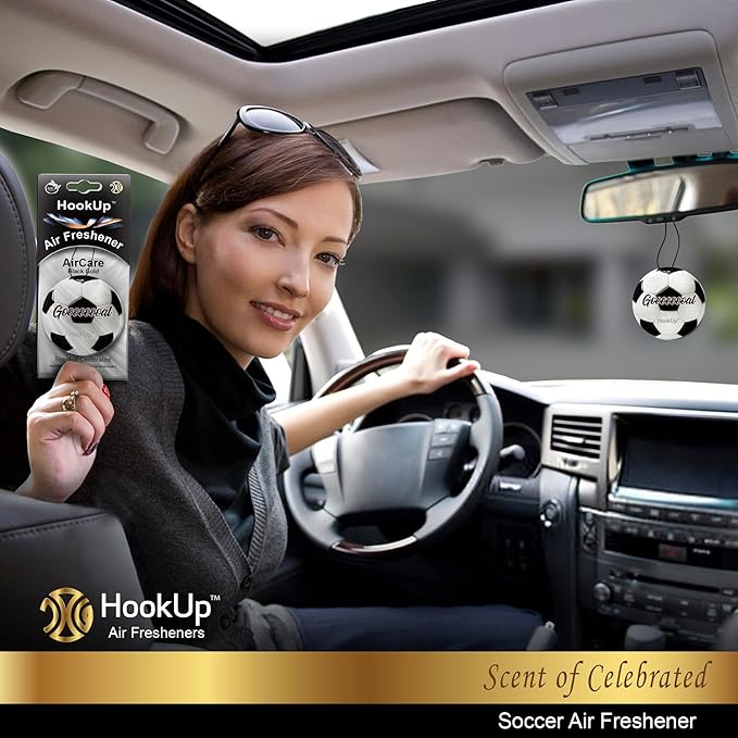 Soccer Car Air Freshener by HookUp - 4 Pack - Black Gold Scent (Extra Strong) | Unique Soccer Gift for Players, Coach, Fans | Hanging Car Accessory with Long Lasting Fresheners Smell