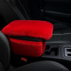 Fluffy Car Armrest Cover with Side Pockets – Plush Fuzzy Fur Center Console Armrest Cushion Pad, Universal Winter Car Interior Protector, Soft Arm Rest Cover with Storage for Women & Men (RED)
