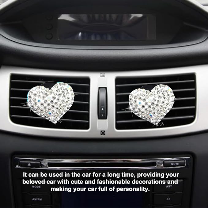 2 Pieces Bling Crystal Heart Car Vent Clips Sparkling Air Freshener and Decorative Accessories for Women Men SUV Truck (White)