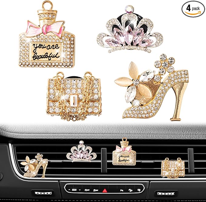 4PCS Bling Air Freshener Vent Clip, Crystal Diamond High Heel Shoe Bag Crown Perfume Bottle Diffuser Vent Clip Cute Car Bling Accessories Decoration for Women (Gold)