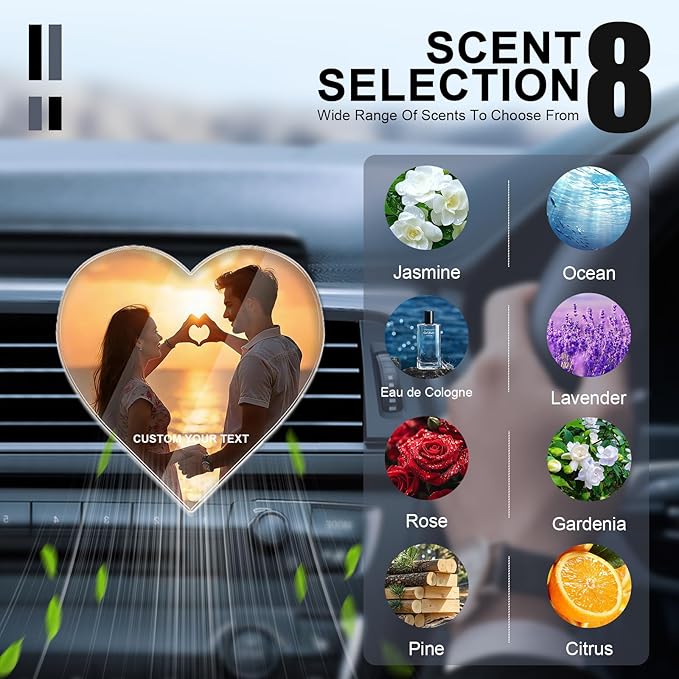 Personalized Car Air Vent Clip, Custom Photo Car Air Freshener Vent Clip with 8 Scents, Decorative Car Accessories Interior, Unique Gift for Couples, Friends & Family (Heart shape)