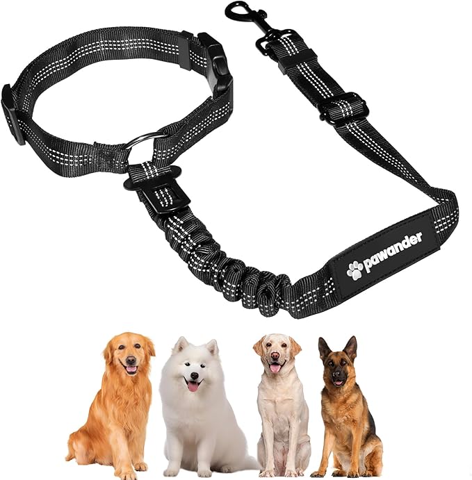 Dog Seat Belt for Car Headrest or Seatbelt Clip, Adjustable Reflective Dog Leash with Elastic Bungee Buffer, Nylon Safety Seatbelt Harness for Medium & Large Dogs (Black)