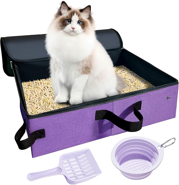 Large Portable Cat Travel Litter Box with Lid,Silicone Folding Bowl & Little Scooper, Leak-Proof and Foldable Travel Cat Litter Box for Hotels, Car and Camping, Odor-Free & Waterproof, 20x14x6.5''
