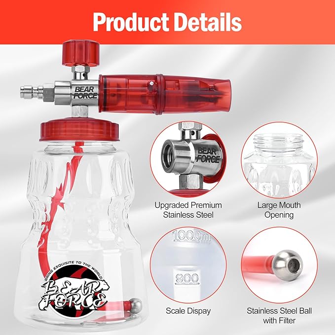 BEAR FORCE Pressure Washer Stainless Steel Foam Cannon Foam Generator with 1/4” Quick Connector & 1.25mm & 1.10mm Orifice Nozzle, 360° Adjustable Thicker Snow Foam with 32 oz Soap Car Wash