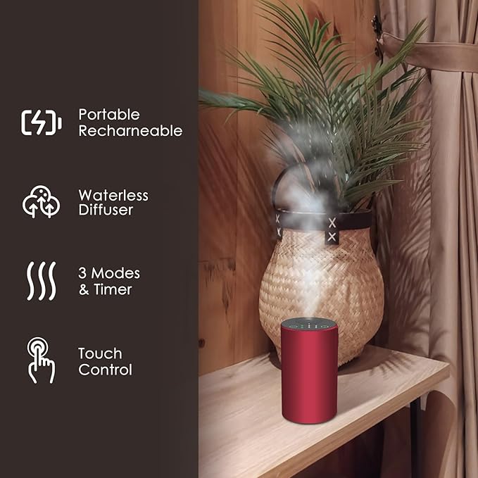 Waterless Essential Oil Diffuser, 7 Colors LED Light, Battery Powered Mini Scent Air Machine, Aromatherapy Mist Diffuser for Home Room Car Office (red)