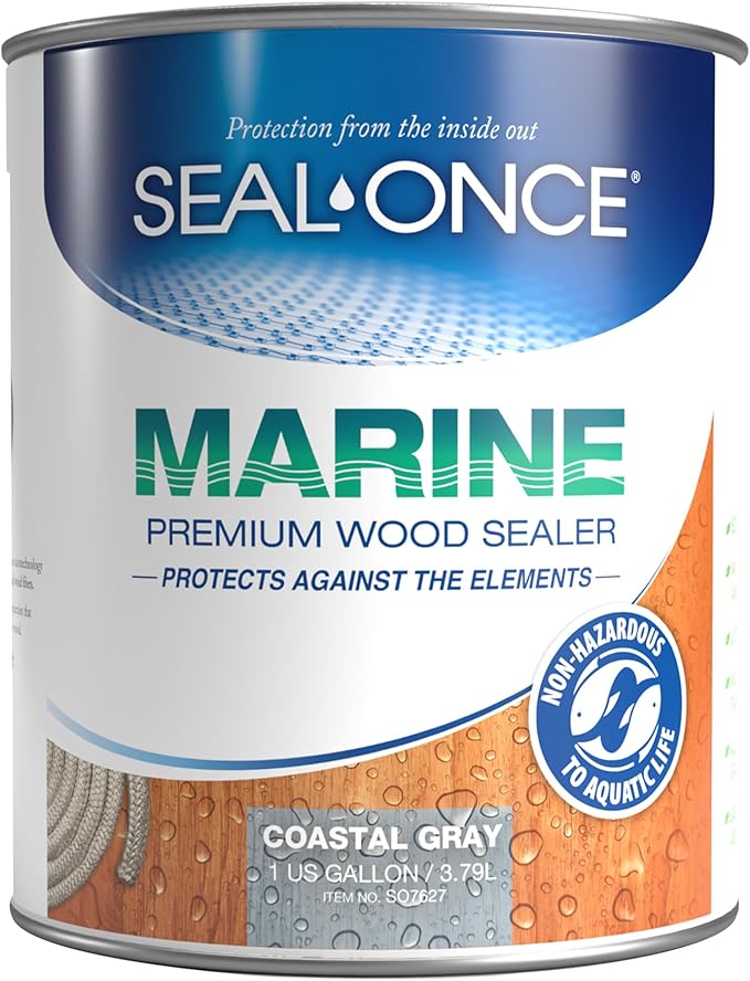 SEAL-ONCE Marine Ready Mix - 1 Gallon Penetrating Wood Sealer Waterproofer & Stain (Coastal Gray). Water-Based, Ultra-Low VOC Formula for high-Moisture Areas to Protect Wood Docks, Decks & Piers.