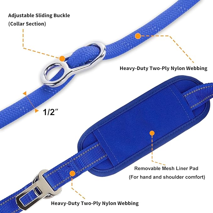 10FT Hands Free Dog Leash for Small Medium Large Dogs, Heavy Duty Reflective Dog Leash with Traffic Handle, Seat Belt Buckle & Poop Bag Holder (Navy Blue)