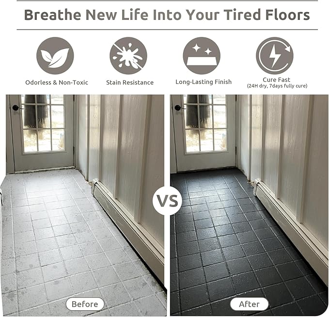 All-In-One Interior Floor Coating Kit, Water-based & Low Odor One-Step Floor Paint, High Hardness Waterproof Paint for Ceramic, Porcelain, Fiberglass, Hardwood, Laminate, Vinyl, 35OZ, Black