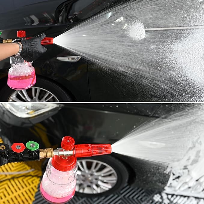 BEAR FORCE Pressure Washer Stainless Steel Foam Cannon Foam Generator with 1/4” Quick Connector & 1.25mm & 1.10mm Orifice Nozzle, 360° Adjustable Thicker Snow Foam with 32 oz Soap Car Wash