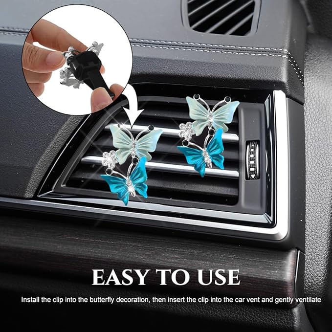 2PCS Car Air Vent Clips, Dual Butterfly Diamond Car Air Conditioner Outlet Vent Clip, Cute Car Diffuser Perfume Clip, Car Air Freshener Decor Accessories for Women Girl (Blue, Style 1)