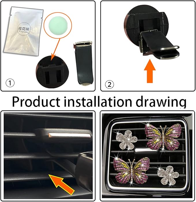 Bling Butterfly Air Vent Clips, 4 Pcs Crystal Daisy Car Air Fresheners, Rhinestone Diamond Flower Car Decoration