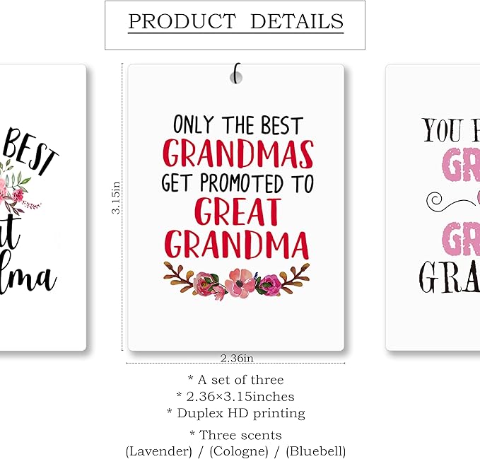 Mancheng-zi Great Grandma Gifts Car Air Freshener 3Pcs, Great Grandma Gifts for Mother's Day Birthday Air Freshener Hanging for Cars Closet Drawer or Books, GG Car Accessories Mirror Decor for Women