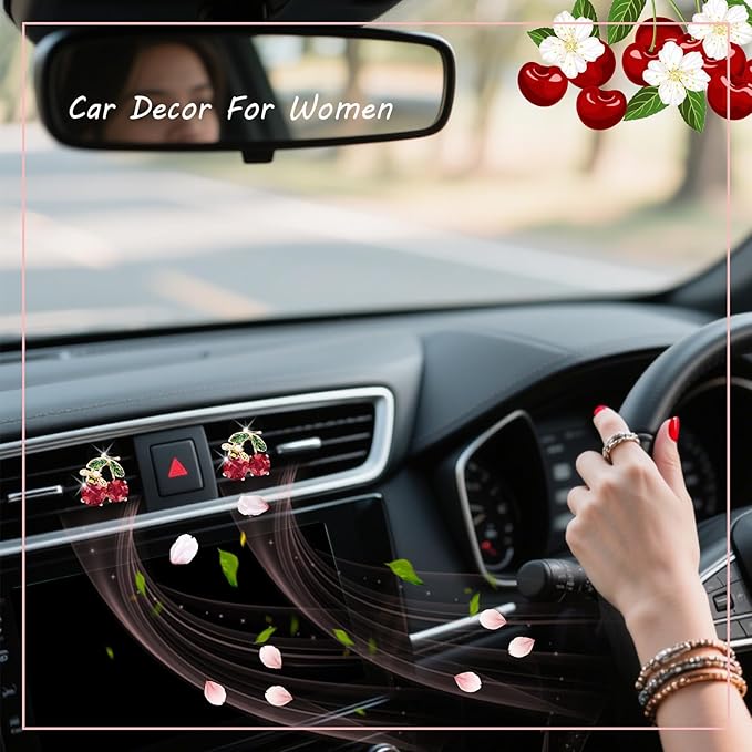 Cherry Car Decor,2pcs Bee Leaf Cherry Car Air Freshener Vent Clips,Cute Retro Sweet Themed DashBoard Decoration Accessories for Women Teens,Refillable Aroma Diffuser