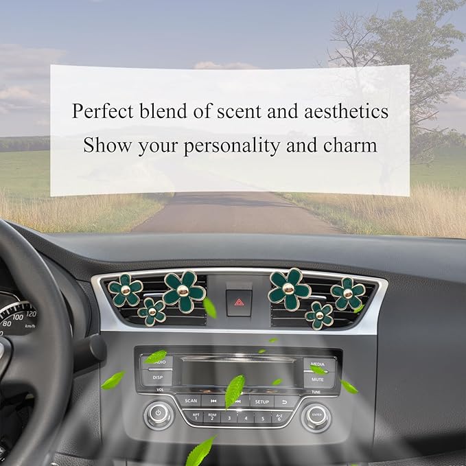 6pcs Green Daisy Flower Car Air Freshener Vent Clips,3 Sizes Sparkle Dark Green Flowers Car Vent Clips,Women Girly Car Air Freshener,Cute Flowers Car Accessories,Refillable Car Diffuser