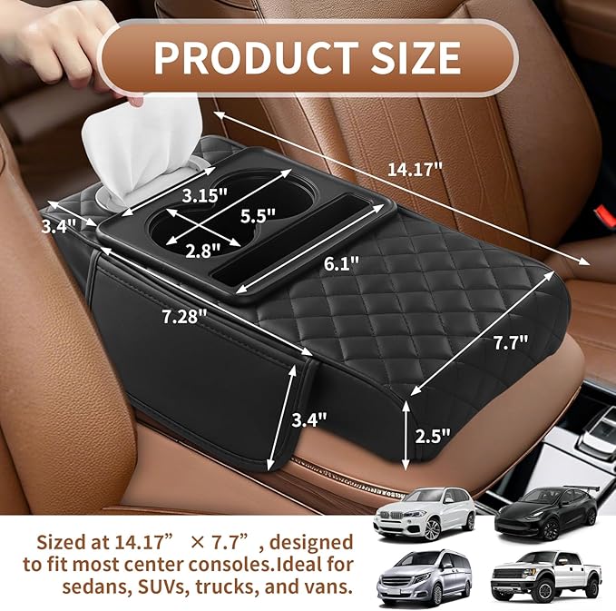 5-in-1 Car Armrest Cushion, Multifunctional PVC Leather Center Console Armrest Pillow Elbow, Universal Arm Box Pad Cover with Cup Holder, Phone Slot, Tissue Box Slot & 2 Storage Bags, Beige