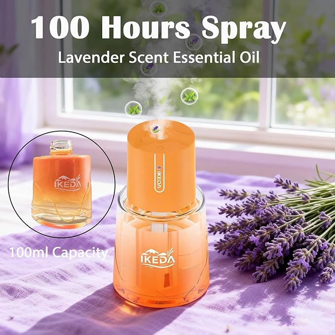Ikeda Fragrance Smart Car Air Freshener,100ml Essential Oil Diffuser Aroma Diffuser, 3 Mode Adjustable Mini Scent Spray for Car with Touch Switch, Automotive Humidifier for Gift(Orange, Lavender)