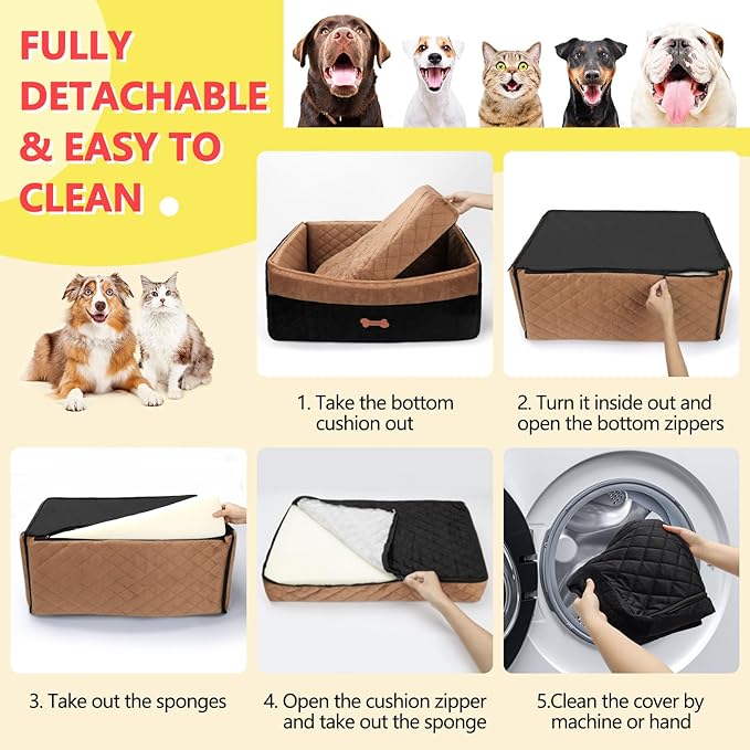 PetsHome Dog Car Seat for Medium Large Dogs, Detachable Washable Pet Booster Seat with Memory Foam Cushion, Side Pockets, 2 Clip-On Safety Leashes Pet Car Seat for Dog Up to 60 lbs/2 Small Dogs-Brown