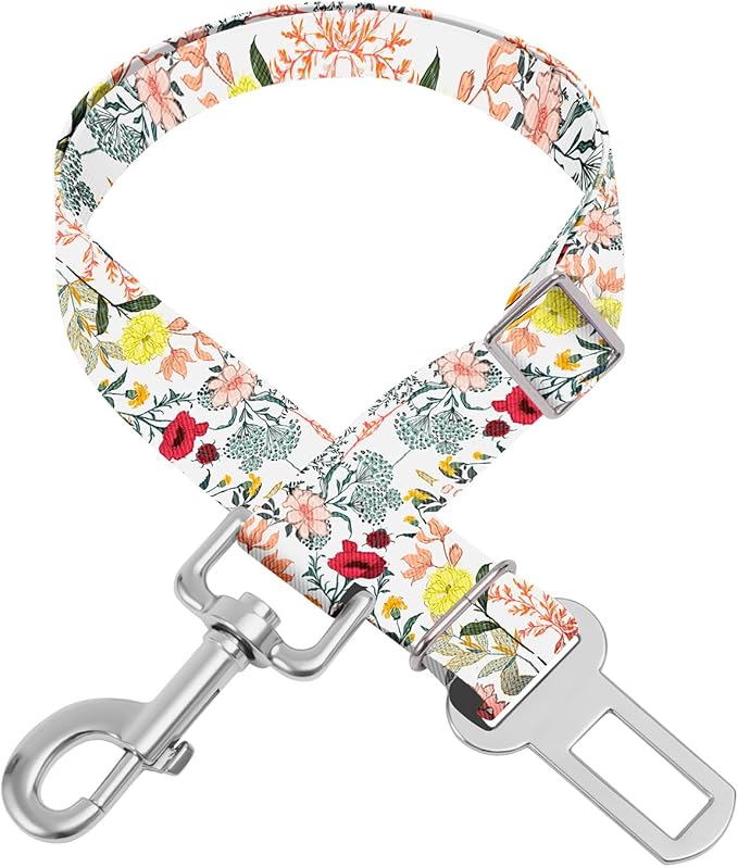 Adjustable pet cat and Dog car seat Belt， The Lanyard is Flexible and Adjustable from 20 to 33 inches (White Flower)