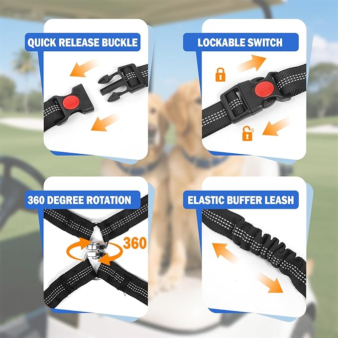2 Pack Dog Seat Belt Tether for Golf Cart, Pet Dog Seat Belt Harness for Car, Adjustable Golf Dog Collar Leash for Golf Cart Pet Safety Protection to Prevent Accidental Injury