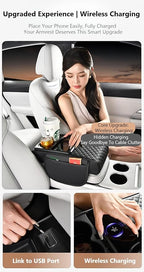 Car Armrest Pad with Built-in Induction Charging, Leather Center Console Cushion with 15W Power Pad, Dual Cup Holders, Storage Pockets - Black