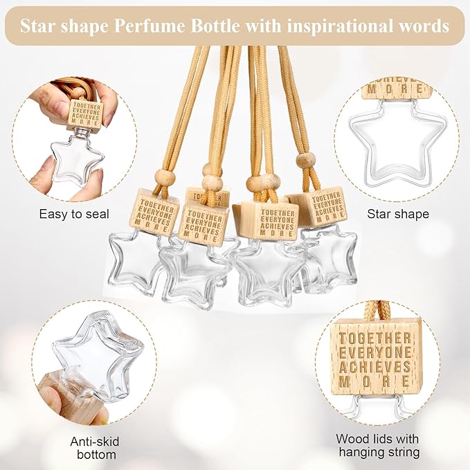 24 Pcs Star Shaped Car Fragrance Diffuser Bottle Bulk - Appreciation Gifts Set Hanging Glass Diffusers with Inspirational Message for Coworker Teacher Staff Thank You Gift (Team)