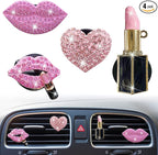Pink Lips Air Vent Clips, 4 Pcs Sexy Lips Kiss Heart Shape Car Air Fresheners for Women Charms Rhinestone Diffuser Vent Clip Cute Car Decor Bling Car Accessories for Women