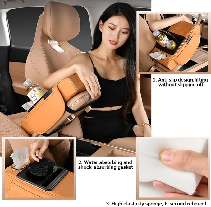 Car Armrest Cushion,5-in-1 Center Console Cover with 2 Storage Bags Cup Holder, Tissue Box Slot, Phone Slot for Sedans, Car Accessories Interior Organizers (Black red)