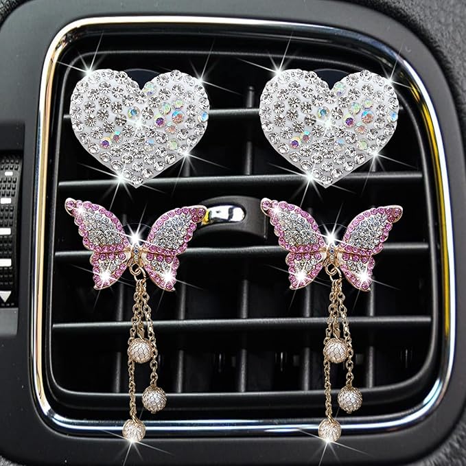 Bling Butterfly Heart Air Vent Clips, 4 Pcs Pink Car Air Fresheners, Diffuser With Diamond Decoration, Cute Interior Decor Accessories for Women
