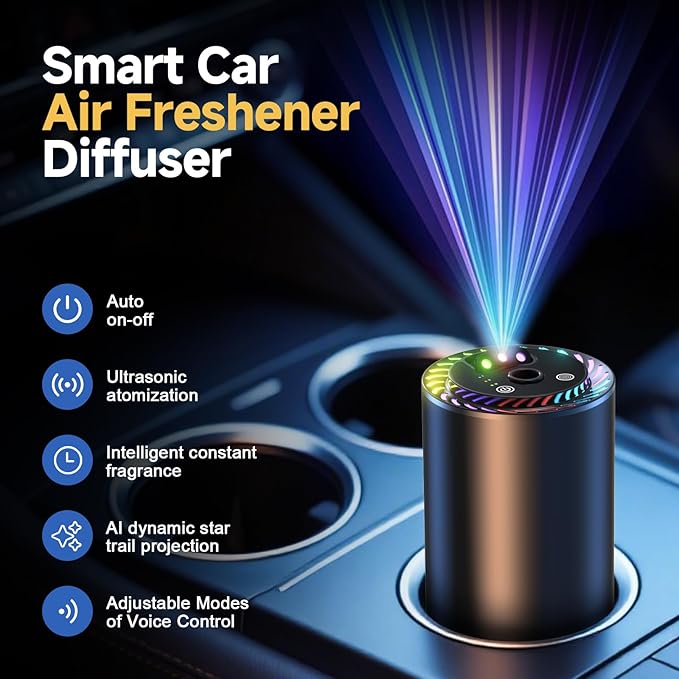 Smart Car Air Freshener Diffuser Voice Control with Starry Projection Light, 3 Adjustable Modes Intelligent Aromatherapy for Essential Oil, Smart Auto On/Off, Voice Edition (Cologne + Ocean)
