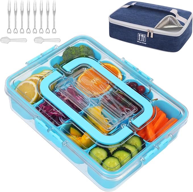 Snack Box Container with Insulated Cooler Bag, Divided Serving Tray with Lid and Handle Beach Essentials, Snackle Box Veggie Fruit Tray with 8 Compartments & 8 Forks & 2 Spoon Blue