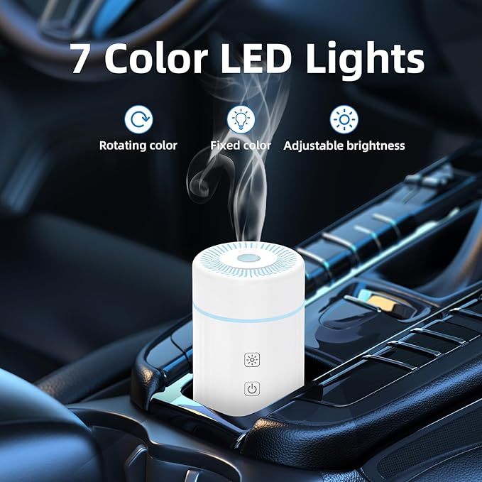 100ML Car Essential Oil Diffuser, Rechargeable Battery Powered, Cordless Portable Humidifier with 7 LED Color Changing Lights for Travel (White)