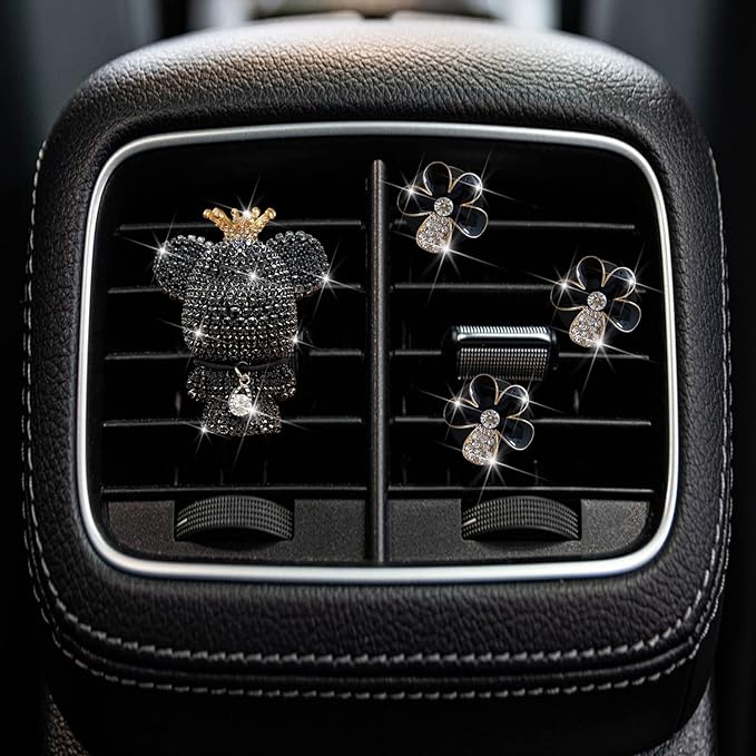 Black Daisy & Bear Air Vent Clips, 4 Pcs Bling Flower Car Air Fresheners Diamond Car Diffuser Car Interior Decor Charm Cute Car Accessories Car Decoration for Women + Cute Butterfly Mask Hook