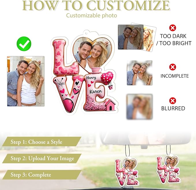 Personalized Valentine's Day Car Air Freshener with Pictures, I Love You, Drive Safe, Fun Couple Gift, Hanging 2Pack