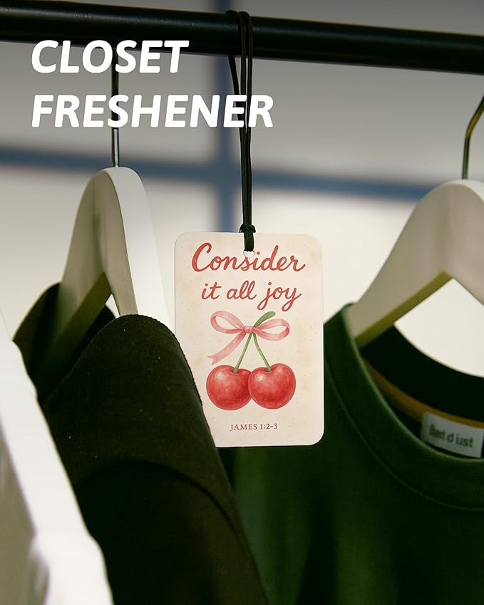Trendy Peach Lemon Orange Cherry Christian Car Air Freshener 4 Pcs, Cute Fruits Religious Hanging Air Freshener for Cars Closet Drawer Books, Girly Car Accessories Mirror Decor for Women