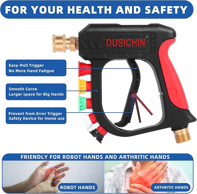 DUSICHIN Pressure Washer Short Wand High Power Spray Gun 5 Nozzle Tips Car Wash Foam Gun Foam Cannon Attachment 1/4" Quick Connector Outlet,3/8'' M22-14mm M22-15mm Fitting,Not Use with Garden Hose